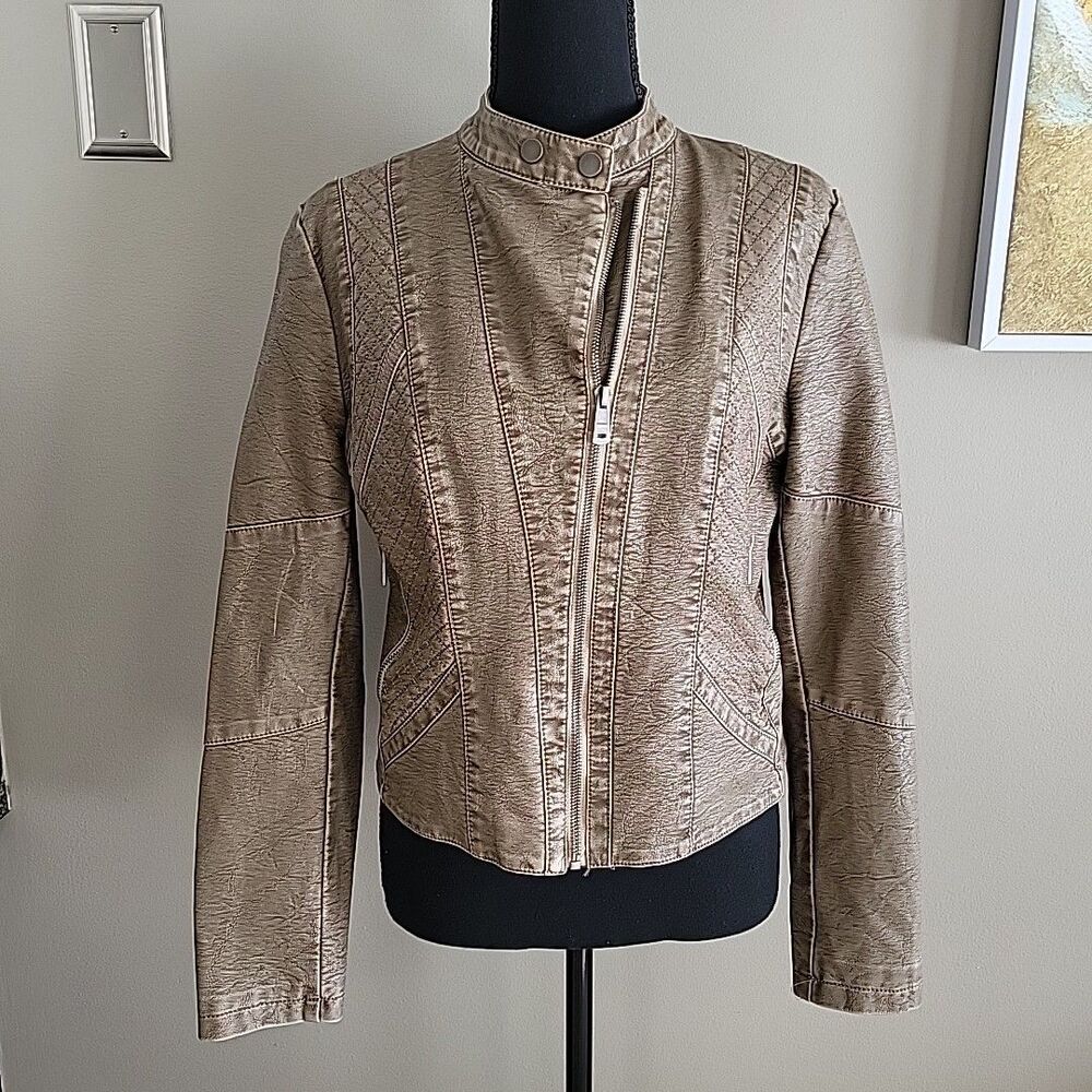 LA Coalition Womens Faux Leather Fully Lined Taupe Moto Y2K Jacket #DPJ3093 Sz M